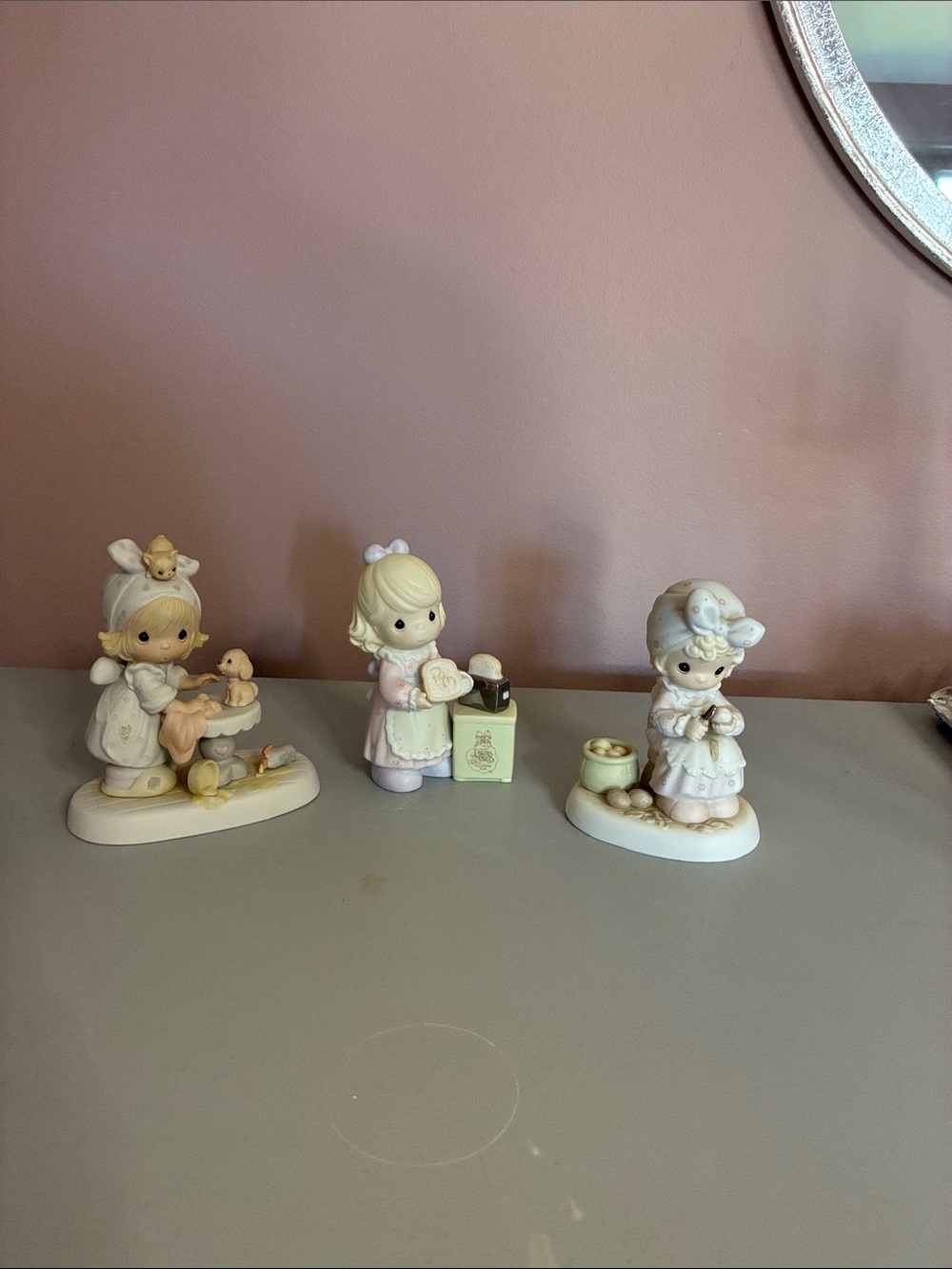 Precious Moments Pastel Ceramic Figurine Trio in Cream and Pink